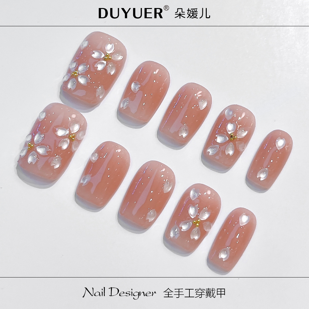 【CD49冰透樱花】立体水滴花朵清甜夏日纯手工穿戴甲片可拆卸