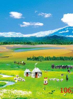 草原蒙古包直播背景布主播墙纸布3D山水大草原室外风景荷花背景墙