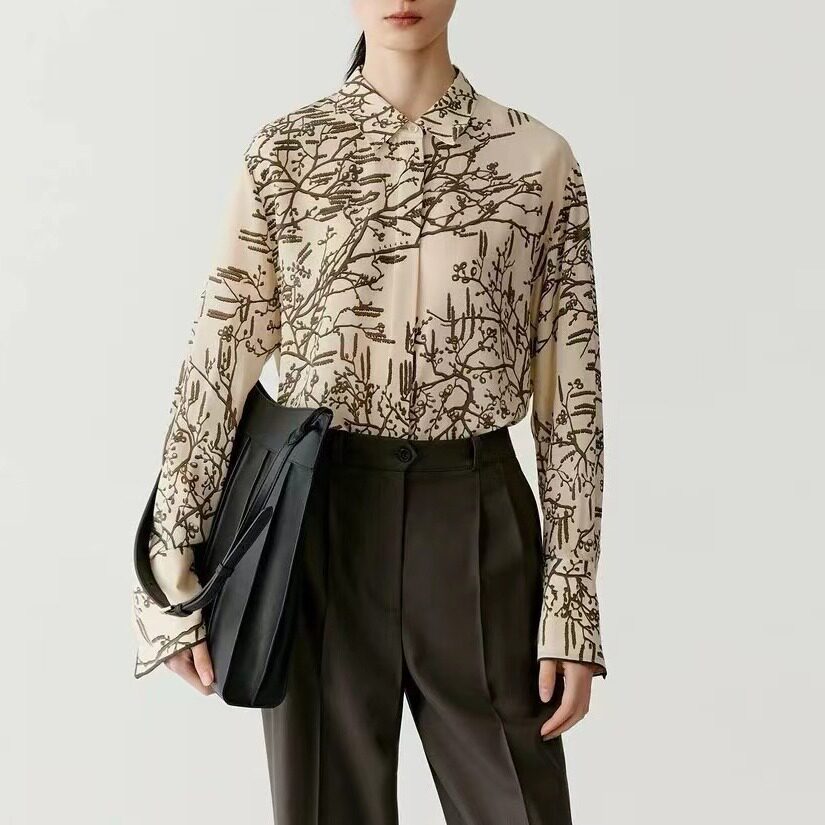 icicle之禾女装2024春新款时尚真丝双绉印花衬衫短款气质通勤衬衫