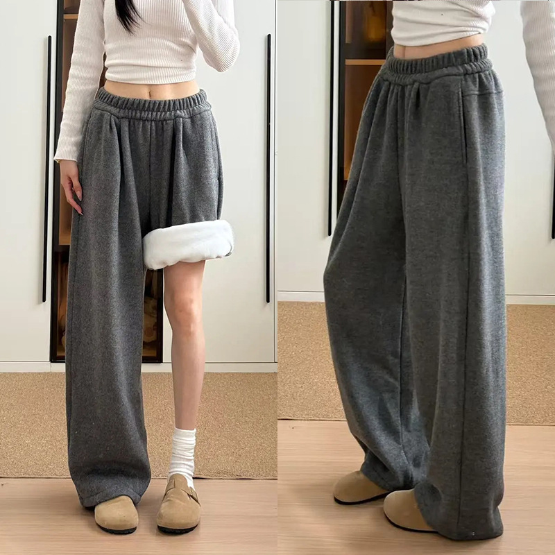 740g加绒加厚毛呢阔腿裤女秋冬季2025新款高腰宽松直筒休闲糯米裤