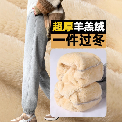 加绒加厚羊羔绒运动裤女秋冬2025新款棉裤小个子初中生束脚卫裤子