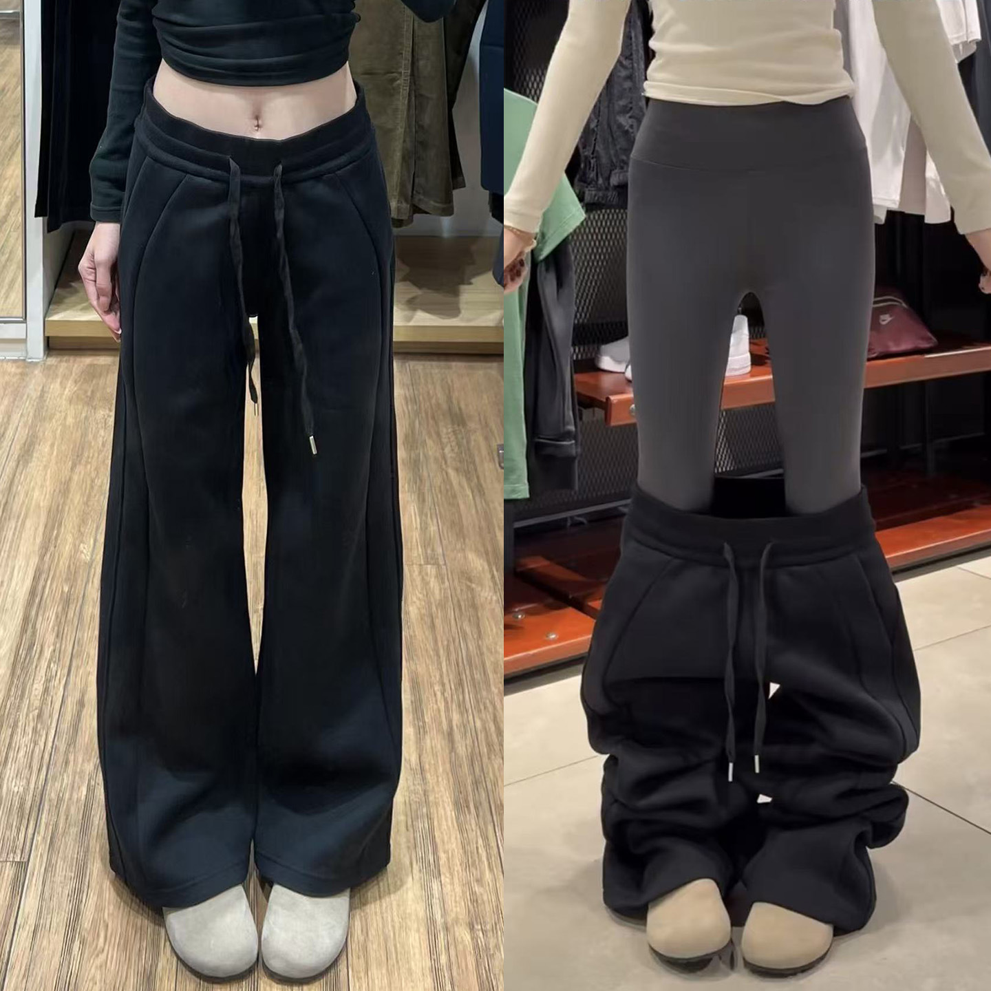 黑色窄版运动卫裤女秋季2025新款高腰显瘦加绒lulu休闲阔腿裤子