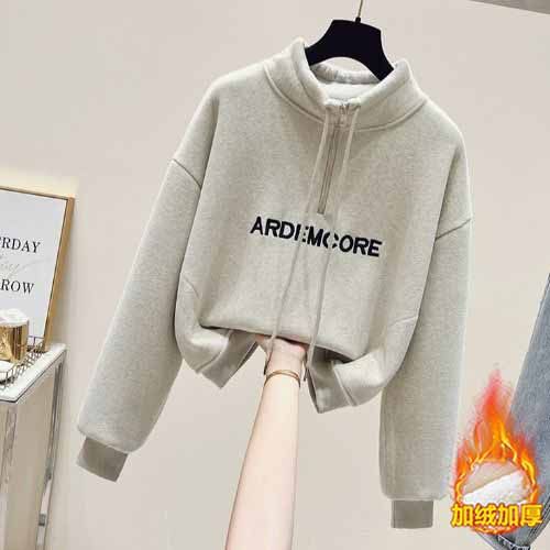 毛巾布复奥粒绒480克#加绒加厚半拉链刺绣字母卫衣女秋冬季上衣