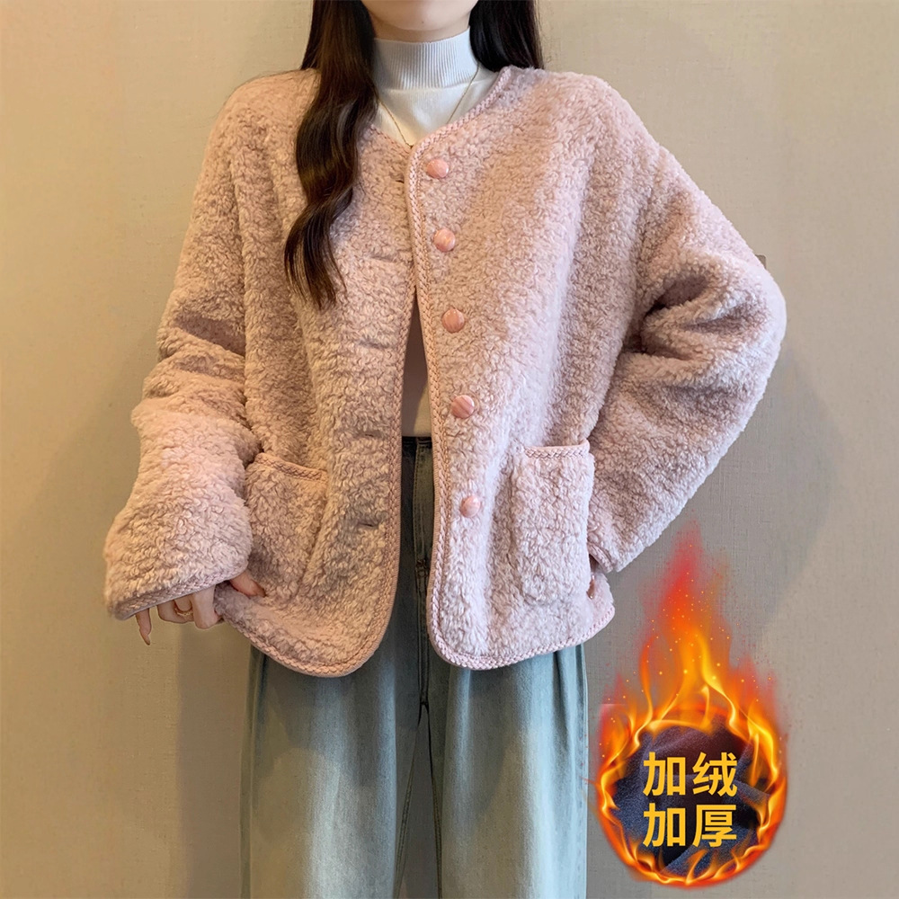 小香风粉色软糯毛呢外套女2025冬季大码微胖mm宽松加绒保暖上衣潮