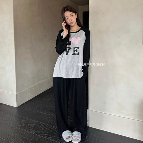 韩系软糯裸感棉卡通撞色睡衣套装