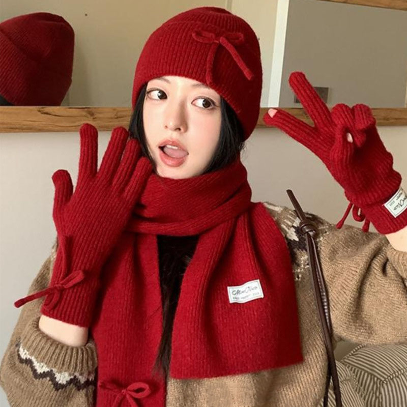 2024冬季新款红色毛线帽子围巾