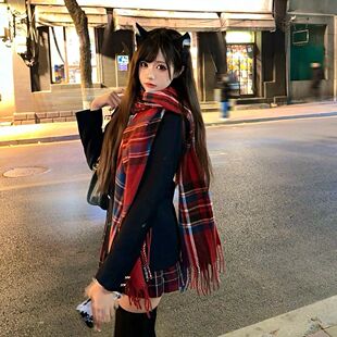 氛围感红色格子jk围巾女秋冬季保暖百搭韩系学生亚文化情侣围脖