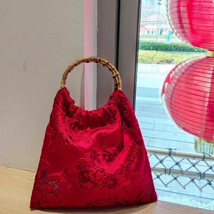 新中式 紅色包包復(fù)古手工竹節(jié)旗袍漢服手提包新娘婚包女結(jié)婚訂婚包