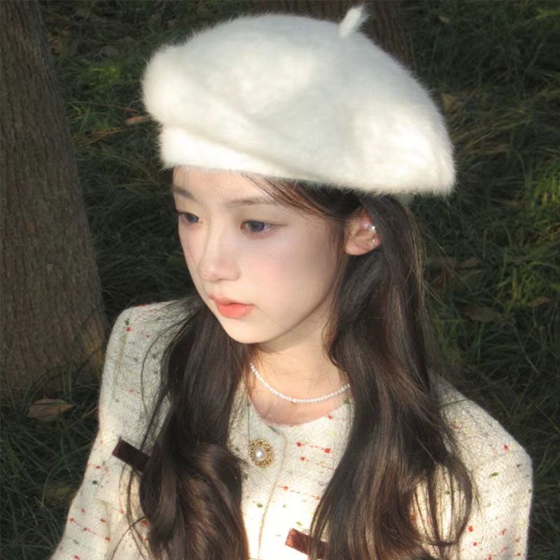 兔毛贝雷帽女秋冬季韩版显脸小蓓蕾画家帽日系大头围白色毛绒帽子