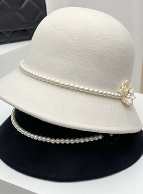 赫本风白色渔夫帽子女秋冬季法式复古显脸小留洋优雅千金名媛礼帽