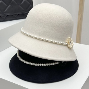 赫本风白色渔夫帽子女秋冬季法式复古显脸小留洋优雅千金名媛礼帽