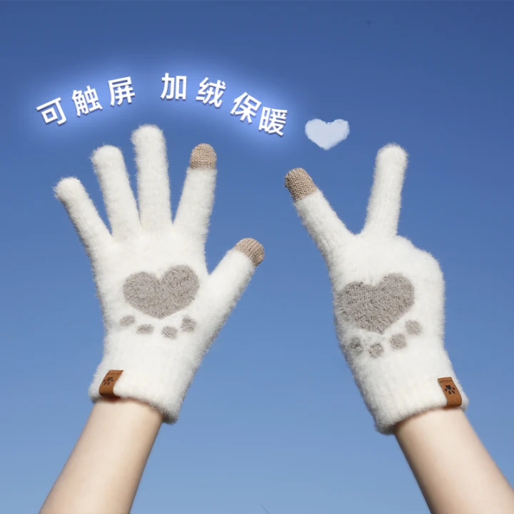 秋冬季加绒加厚学生毛线针织手套
