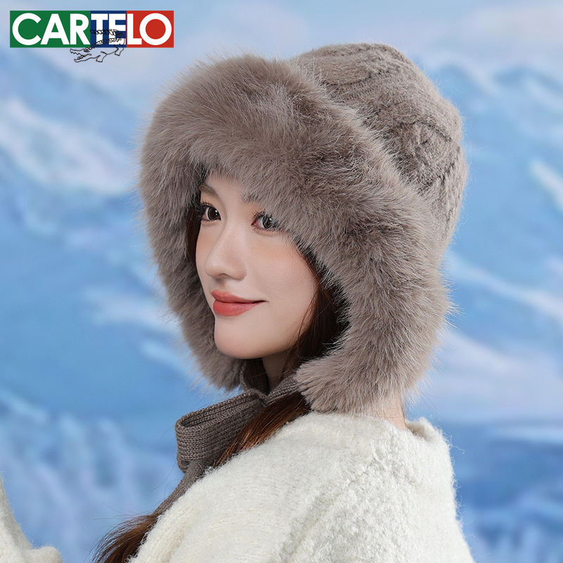 卡帝乐鳄鱼2025新款毛线帽子女秋冬毛绒百搭时尚护耳帽针织蒙古帽