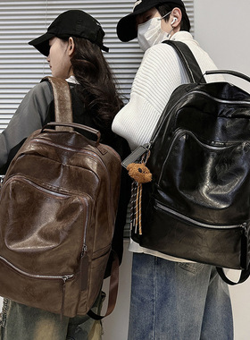 美式复古双肩包女2025新款大容量睿营旅行背包男软皮质感学生书包