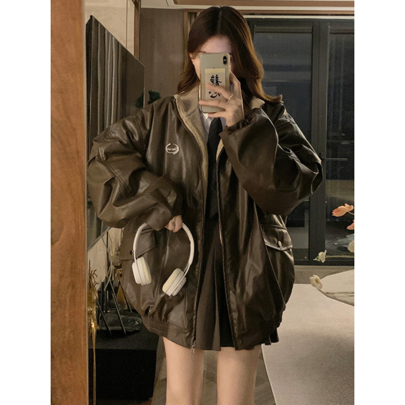 今年流行特惠美拉德风pu皮衣两面穿羊羔毛外套女冬季2024新款