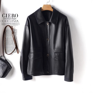 今年流行特惠海宁皮衣外套女短款翻领黑色休闲加大码绵羊皮2025