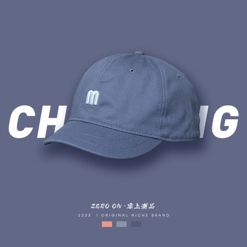 短沿帽子女春夏女士时尚m字母雾霾蓝棒球帽复古男女短帽檐鸭舌帽