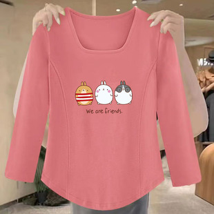 t恤女装 300斤胖mm宽松显瘦上衣230加肥加大200方领长袖 潮 秋季 韩版