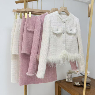 小香风套装2025冬季新款时尚高定羊毛呢鸵鸟毛甜美减龄气质羽绒服