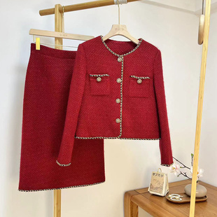 小香风套装2025秋冬季新款专柜高定中国红毛呢上衣半身裙两件套女