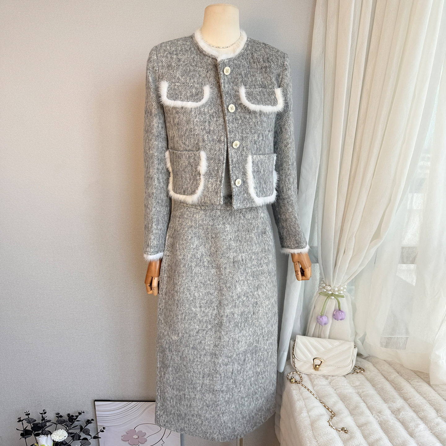 水貂毛拼接小香风羽绒服套装女冬