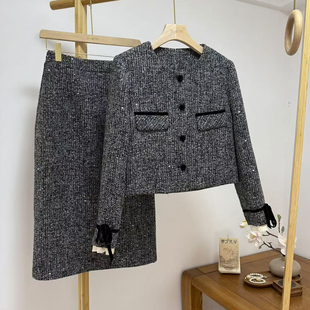 小香风套装2025冬季新款亮片拼接花边袖口羊毛呢羽绒半身裙秋冬款