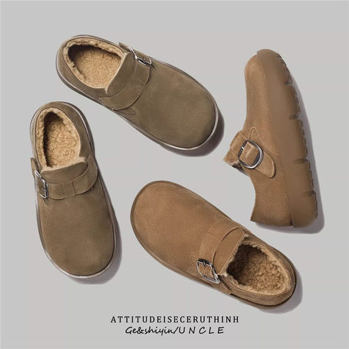 牛皮厚底勃肯鞋女加绒棉鞋休闲鞋