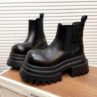 增高8cm牛皮厚底大头切尔西短靴女2025秋冬新款 百搭加绒马丁靴潮