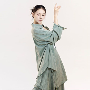 现代舞古典舞蹈服女飘逸仙气青绿色中国风演出服练功服套装衬衫