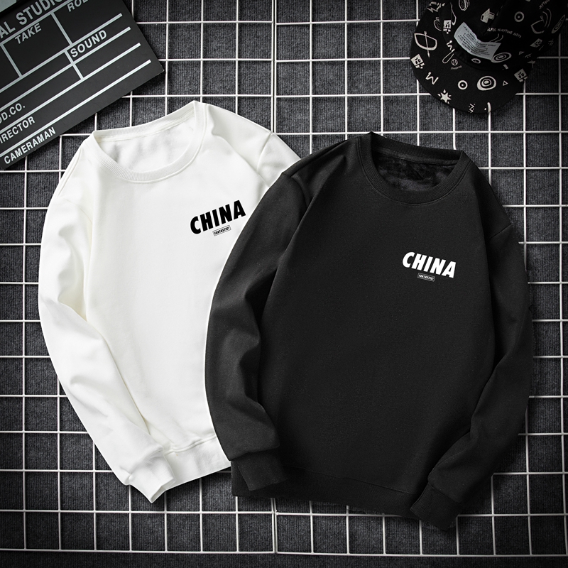 纯棉春秋潮牌运动白色卫衣女薄款美式复古宽松圆领加绒加厚情侣男