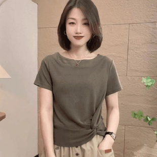 女装 2025夏季 褶皱纯色圆领百搭时尚 新品 减龄百搭T恤潮 女上衣短袖