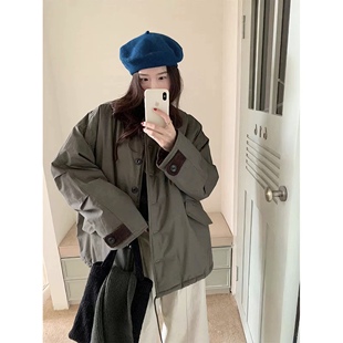 美式 保暖加厚羊羔撞色克服派毛短外套长袖 灯芯绒领中长款 风衣冬季