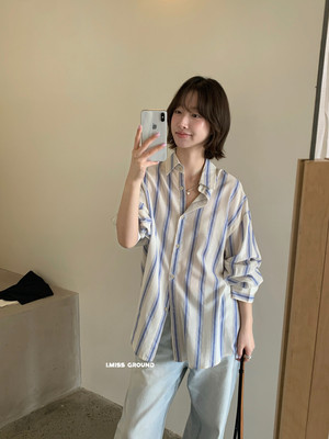 韩系简约百搭气质条纹衬衫女26春季新款宽松显瘦长袖上衣