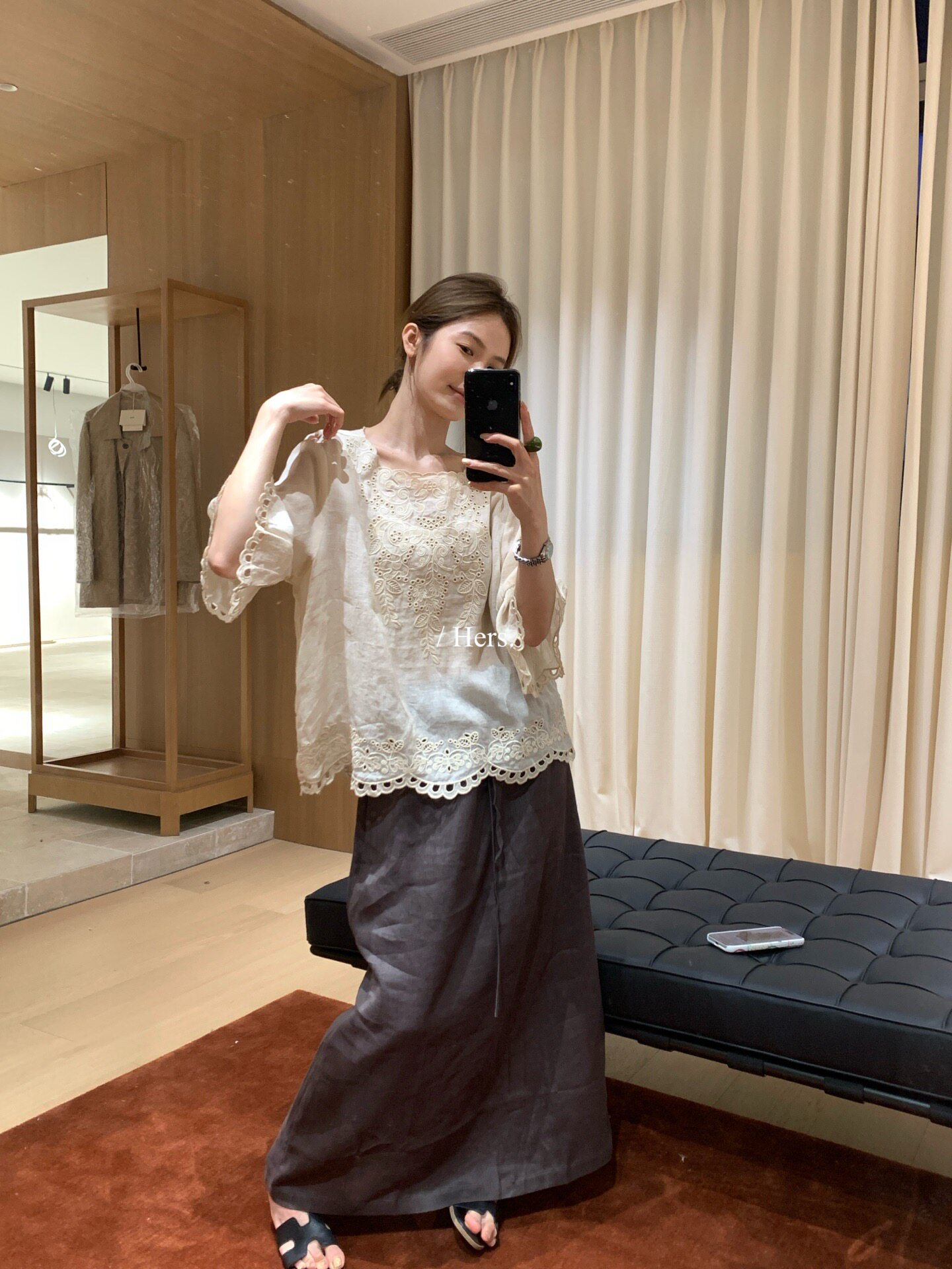 Hers新中式苎麻衬衫女短袖宽松重工刺绣花边防晒上衣通勤风