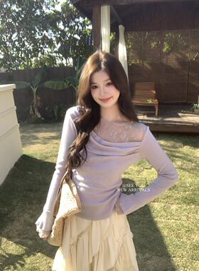 韩系简约百搭气质一字肩蕾丝边毛衣女26春季新款显瘦上衣