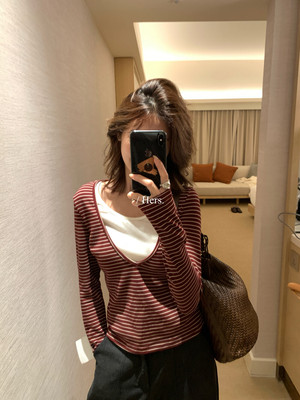Hers简约风撞色条纹假两件长袖T恤女宽松显瘦百搭上衣女