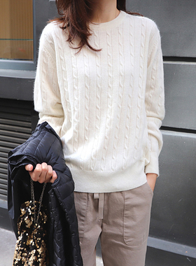 白色麻花毛衣女春秋2025年新款宽松圆领针织衫上衣冬季内搭打底衫