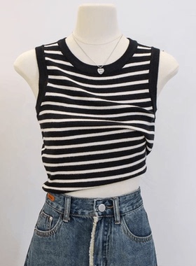 黑白条纹针织吊带小背心女夏季外穿2025新款无袖坎肩内搭打底上衣