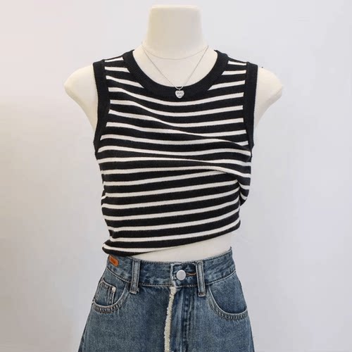 黑白条纹针织吊带小背心女