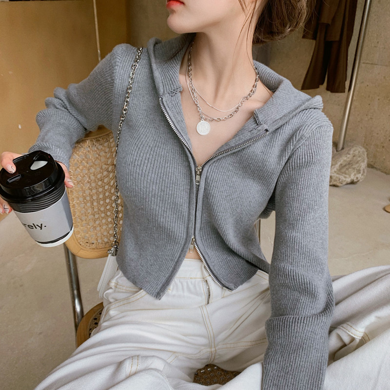 连帽针织衫女拉链开衫短款上衣