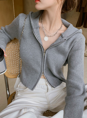连帽针织衫女拉链开衫春装2025年早春新款上衣春季打底衫毛衣外套