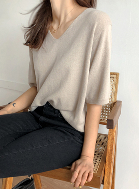 冰丝针织衫女夏季2025新款女装宽松中袖打底衫薄款v领短袖t恤上衣
