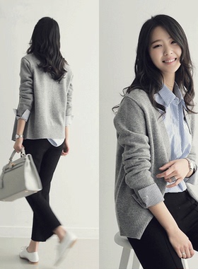 v领毛衣开衫女春秋2025年新款爆款秋季外搭上衣秋装灰色针织外套
