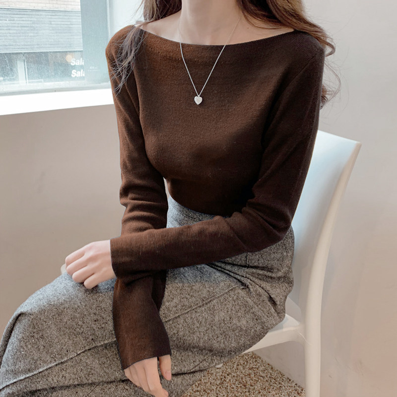 毛衣女打底内搭针织衫一字领上衣