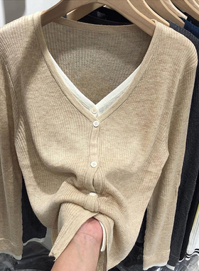 早秋假两件针织衫打底开衫女秋装2025年新款v领薄款毛衣外套上衣