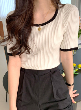 冰丝针织衫短袖t恤女夏季2025年新款女装打底衫中袖薄款夏装上衣