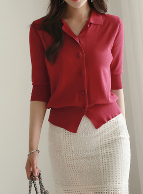 红色针织开衫女打底衫秋装2025年新款中袖早秋上衣内搭设计感毛衣