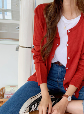 早秋红色毛衣外套女装春秋2025年新款长袖上衣圆领秋季针织衫开衫