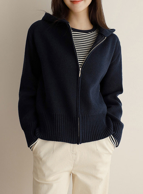 连帽针织衫开衫女秋装2025新款早秋带帽外搭上衣春秋拉链毛衣外套
