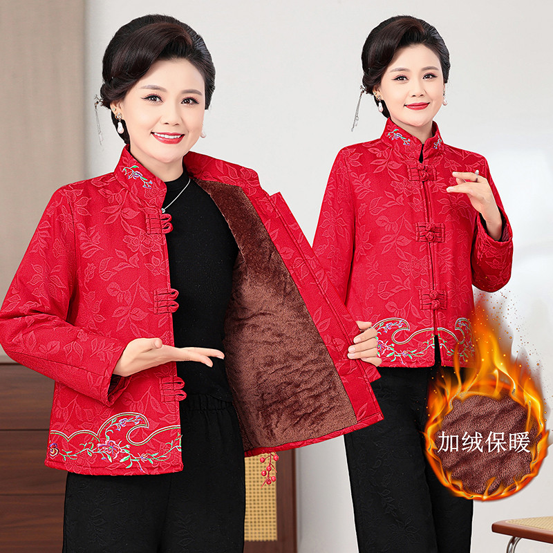 妈妈装民族风棉袄中老年秋冬季纯棉衣外套妈妈女复古刺绣唐装棉服